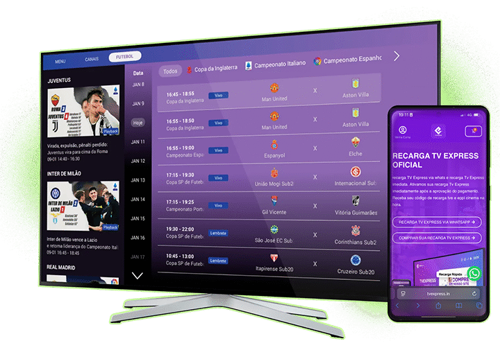 Interface do aplicativo tvExpress na TV, TV Box e celulares